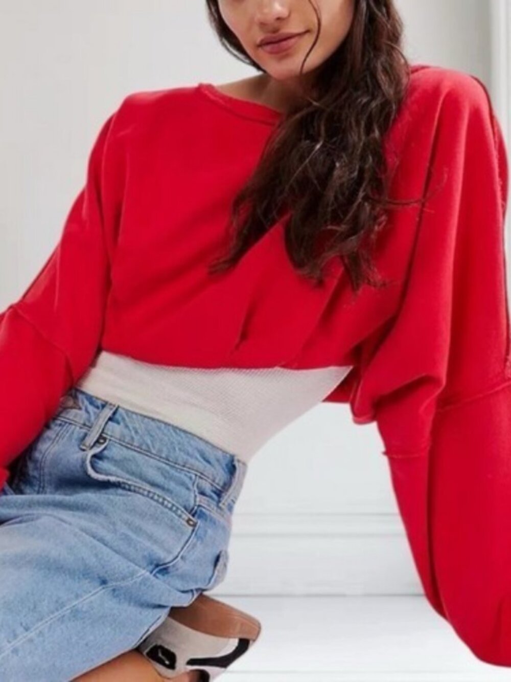 Free People Crop It Like It's Hot Red Scoop Neck Pullover Top XL
